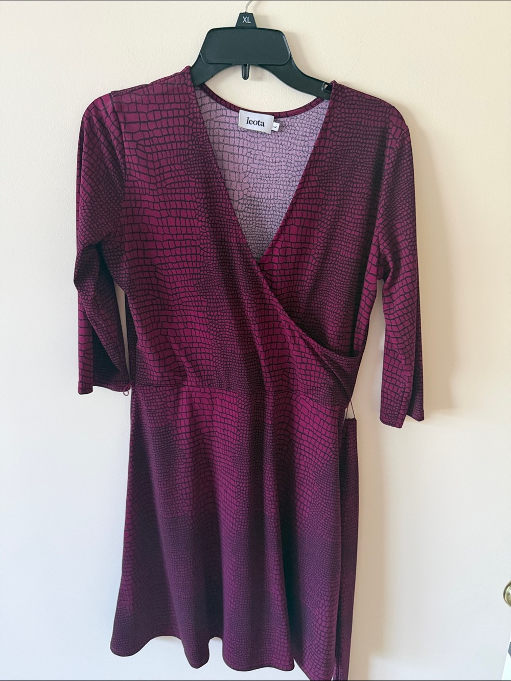 Leota Burgundy Faux-Snakeskin Wrap Midi Dress